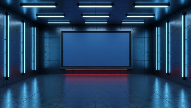 Futuristic room with blue neon lighting and large screen