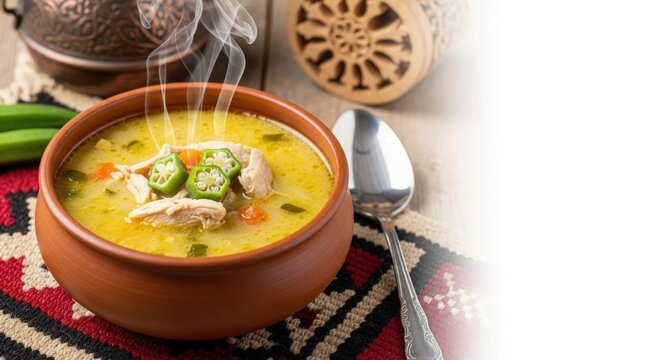 Ultra-Realistic Bosnian Begova Čorba &ndash; Creamy Chicken & Vegetable Soup with Okra in Hand-Thrown Ceramic Bowl, Gacko Kilim & Stećak Rosette Background, Soft Sarajevo Morning Light
