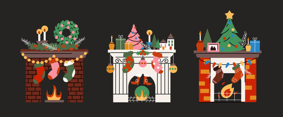 Cozy Christmas Fireplace with Scandinavian Decor – Gifts, Socks, Tree and Warm Burning Hearth, Winter Cartoon Illustration