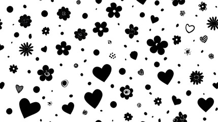 scattered pattern of black hearts flowers and dots in varying sizes across a clean white background