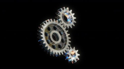 Lowpoly Glass Gears Spinning Together - Animation Loop. Corporate collaboration, synergy partnership and teamwork seamlessly animated business concept. Three cog wheels engine or gearbox made of glass