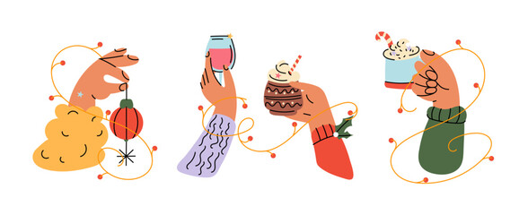 Christmas Hands Holding Gifts and Ornaments in Retro 90s Groovy Style – Festive Holiday Illustration Set. Holiday Illustration Set