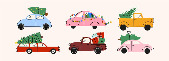Cartoon Christmas Cars with Tree on Roof – Cute Holiday Van with Gifts and Garlands, New Year Illustration