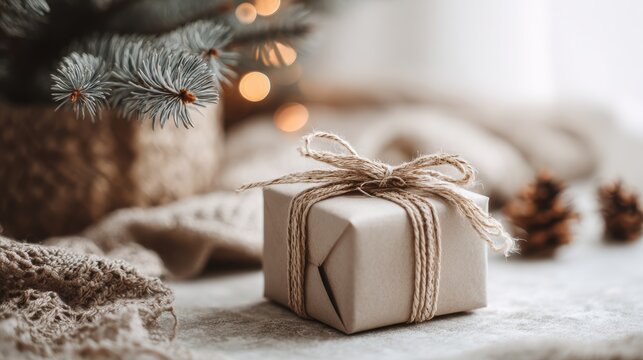 Wrapped gift box with twine ribbon and Christmas tree branches