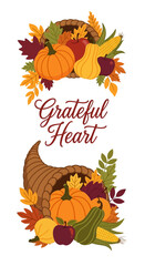 Thanksgiving Harvest Cornucopia and Fall Produce with Grateful Heart Message