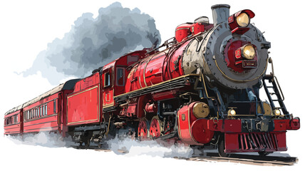 Fototapeta premium Red Train with Front Train and Smoke, Transportation Industry Illustration