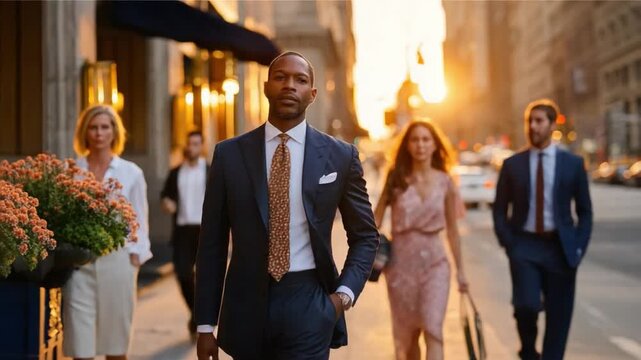 Business Stroll: A confident individual leads their business associates through a sun-drenched city street. The scene emanates a sense of purpose and progress.