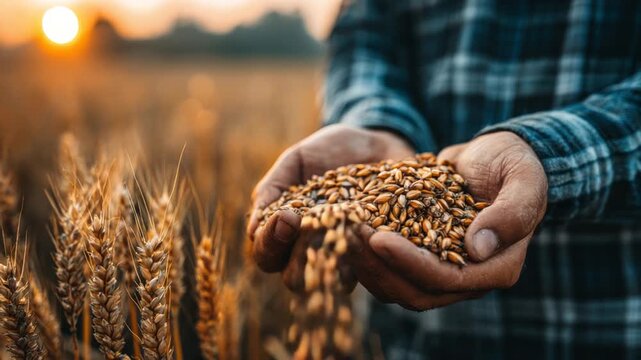 Farmer's hands cradle grains of wheat at sunset. Warm light illuminates the field, showing bounty