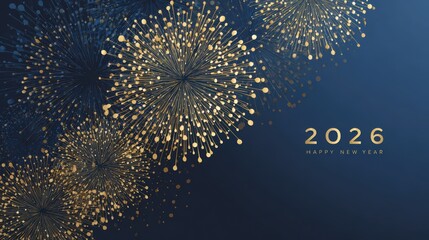 Elegant New Year 2026 greeting card with golden fireworks on a dark blue background