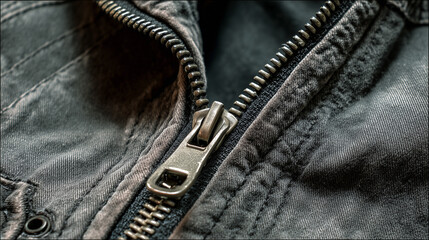 Ai close-up view of black jacket zipper showcasing detailed craftsmanship and design elements