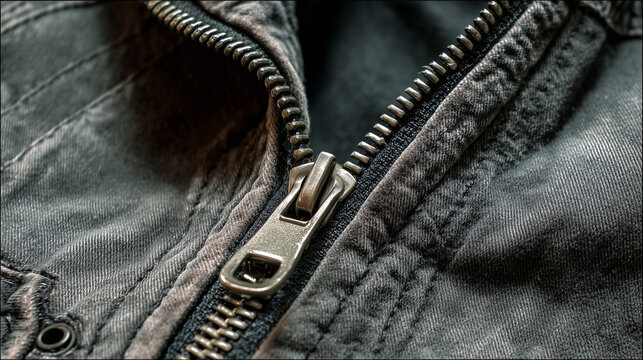 Ai close-up view of black jacket zipper showcasing detailed craftsmanship and design elements