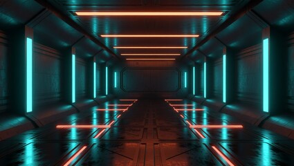 Neonlit futuristic corridor with glowing panels