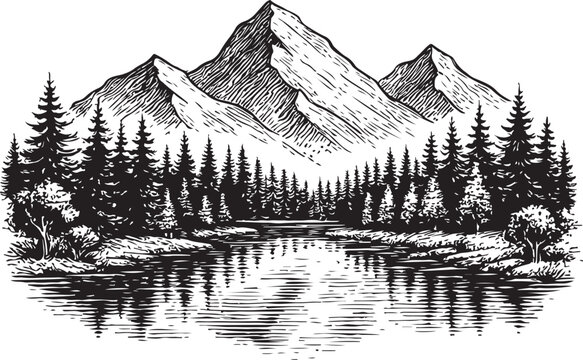 Monochrome landscape featuring mountains trees and a river with reflections in a detailed vector drawing style on a white background