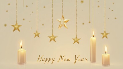 Happy New Year greeting with candles and golden stars decoration