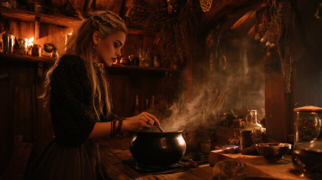 Ai enchanting scene of a young witch brewing a potion in a rustic wooden kitchen filled with herbs and mystical objects