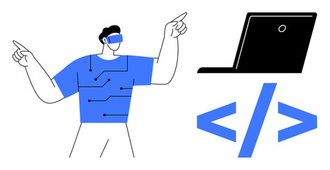 Person in VR headset pointing with both hands, circuitry on shirt, laptop, coding brackets. Ideal for technology, innovation, programming, VR AI education futuristic themes. Minimalist flat