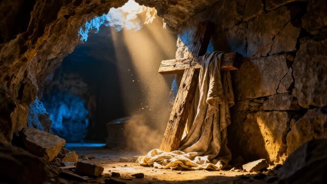 Sunlight streams into a dark cave, illuminating a wooden cross draped with a cloth. Dust motes float