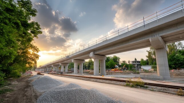 Construction Site Displaying Railway Bridge Under Progress at Sunset with Scenic Cloudy Sky and Greenery Surrounding the Area