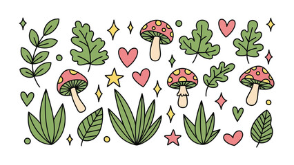  Whimsical Elements: A charming composition of playfully illustrated elements, including mushrooms, leaves, hearts and stars