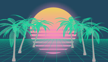 Retrofuturistic landscape with palm trees and a perspective neon laser grid. Bold Y2K-style illustration reminiscent of retro music videos and VHS vibes. 