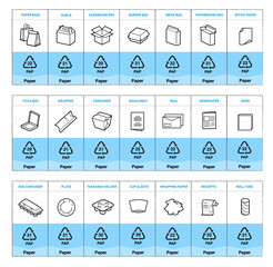 Ready icon sheet for separating paper waste. Vector elements are made with high contrast, well suited to different scales and on different media. Ready for use in your design. EPS10.