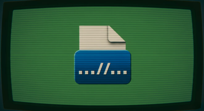 An illustrative file icon, symbolizing a document or data on a retro screen interface.