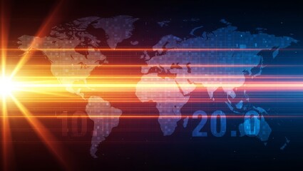 Digital world map with glowing light rays and numerical display