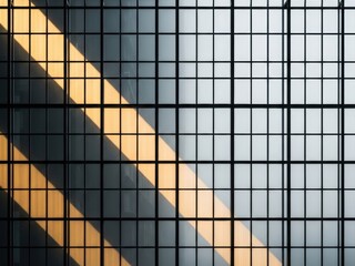 Abstract architectural detail showing a large grid of windows/panels. A strong diagonal beam of golden light illuminates the left side, contrasting sharply with the gray and white panels on the right.