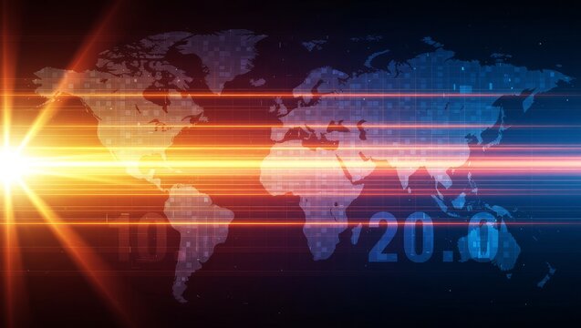 Digital world map with glowing light rays and numerical display