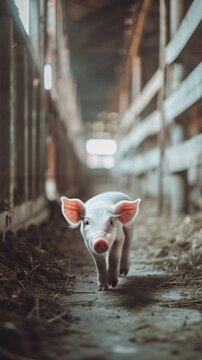 A pig stands in a barn, looking directly at the camera