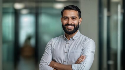 Obraz premium Confident and happy young Indian businessman standing with arms crossed in a modern office, smiling warmly at the camera.