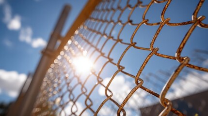 Glimmering Sunlight Through Rusty Chain Link Fence in Urban Setting with Blue Sky and Soft Clouds Captured in Warm Natural Light