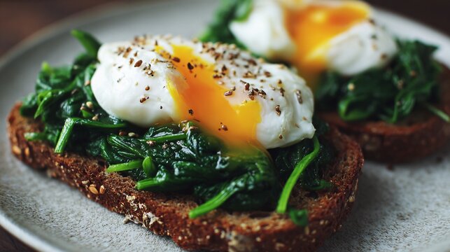 A poached eggs over sauteed spinach on rye bread, bright overhead composition, Scandinavian minimalism