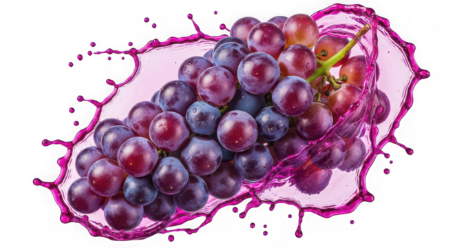 A bunch of red grapes surrounded by a pink splash on a transparent background