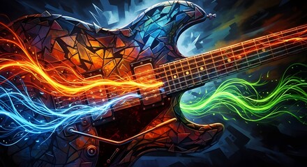 A kaleidoscopic guitar pulses with swirling energy—where stained glass meets sonic blast in a fusion of art and rhythm.