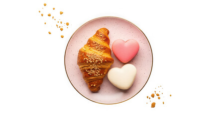 Pink heart-shaped chocolate dessert, delicious, sweet dessert, or tasty baked pastry snack on a plate isolated on a transparent background