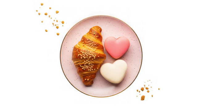 Pink heart-shaped chocolate dessert, delicious, sweet dessert, or tasty baked pastry snack on a plate isolated on a transparent background