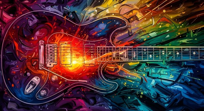 A kaleidoscopic guitar pulses with swirling energy—where stained glass meets sonic blast in a fusion of art and rhythm.
