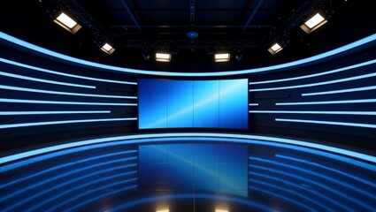 Modern broadcast studio with blue LED curved walls and screen