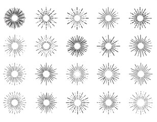 Collection of stylized radial burst designs. Each one features a central circle from which lines radiate outwards in a star-like manner
