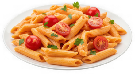 Plate of penne pasta with tomato sauce and fresh cherry tomatoes cut isolated on transparent background