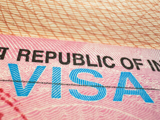 Visa in passport for world travel, India visa, tour, airport, customs, news, closed borders, nationality. Macro photo. High quality photo