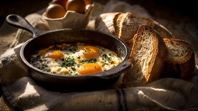 A rustic farmhouse kitchen with skillet of baked eggs and bread on linen, warm ambient glow