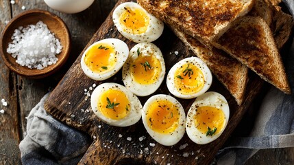 A rustic flat lay of hard-boiled eggs sliced in half beside buttered toast and salt dish, natural texture and balance