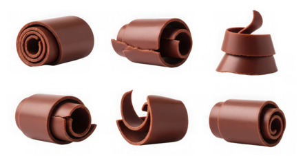 Six chocolate curls isolated on a transparent background