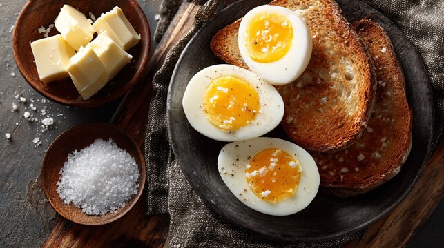 A rustic flat lay of hard-boiled eggs sliced in half beside buttered toast and salt dish, natural texture and balance - Powered by Adobe
