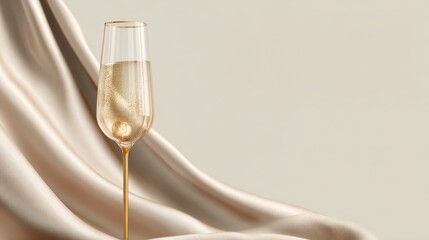 Elegant champagne flute with gold accents and flowing silk background