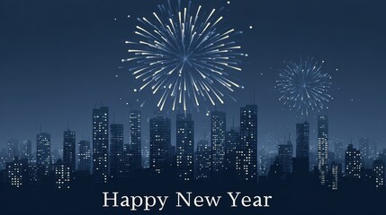 New Year's Eve fireworks over a city skyline at night, celebrating the holiday