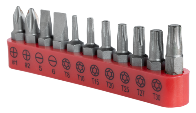 Ratchet bit set in a red organizer