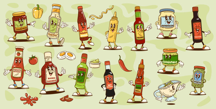 Cartoon retro groovy sauce bottles characters of cute hippie ketchup, mayonnaise and soy food condiments. Vector groovy salsa, guacamole, mustard and wasabi, bbq, ranch and tartar sauces characters